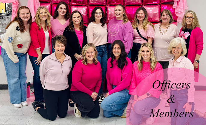 Members of the Women's Service League in front of a pink balloon background with the text "officers & members" overlayed